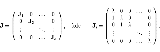 \begin{displaymath}
{\bf J} =
\left( \begin{array}{cccc}
{\bf J}_1 & 0 & \ldots ...
...ots \\
0 & 0 & 0 & \ldots & \lambda \\
\end{array} \right)
.
\end{displaymath}