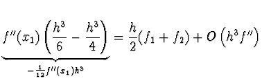 $\displaystyle \underbrace{f''(x_1) \left(
\frac{h^3}{6} - \frac{h^3}{4} \right)...
...\frac{1}{12} f''(x_1)
h^3} = \frac{h}{2} (f_1 + f_2) + O \left( h^3 f'' \right)$